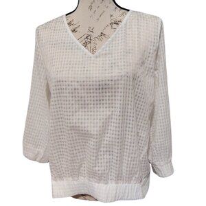 A New Day White Sheer Plaid Blouse Top Medium Checked 3/4 Sleeve Pullover Boho